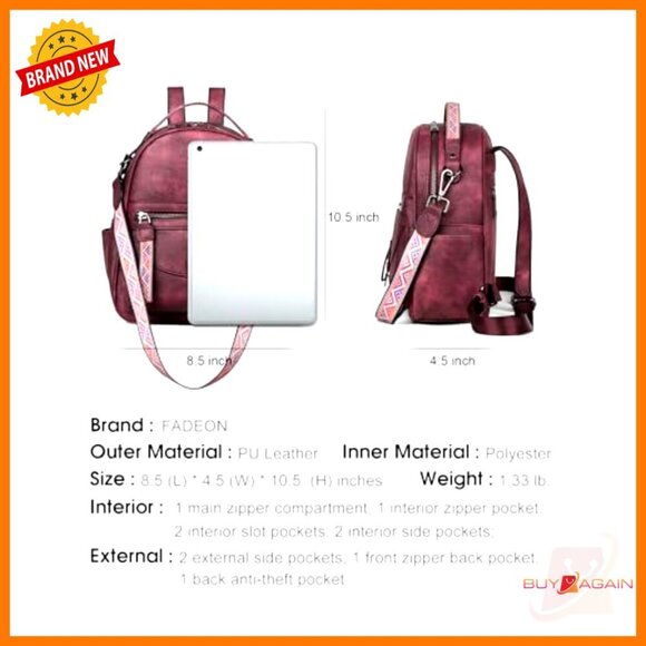 Leather Mini Backpack Purse, Waterproof Shoulder Bag with 10 Pockets main image 4
